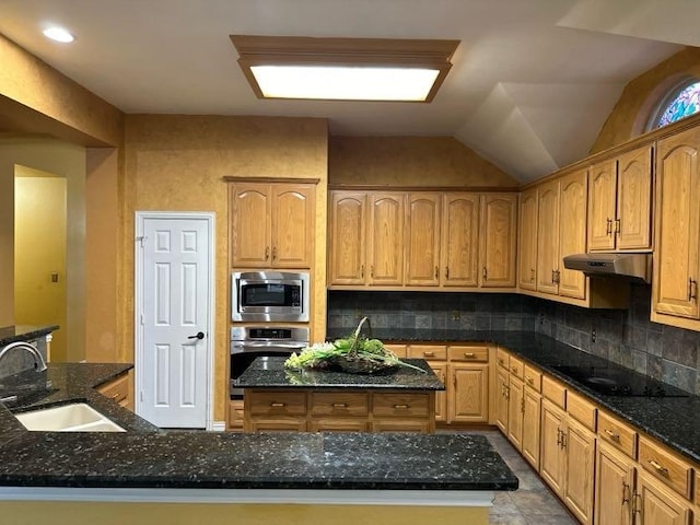 kitchen with stainless steel appliances, a center island with sink, sink, and dark stone countertops