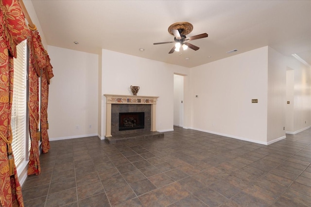3108 Fernhurst Dr, Richardson, TX 75082 - unfurnished living room with a fireplace, visible vents, a ceiling fan, and baseboards