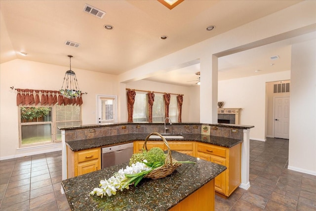 3108 Fernhurst Dr, Richardson, TX 75082 - kitchen with dishwasher, visible vents, a sink, and a center island with sink
