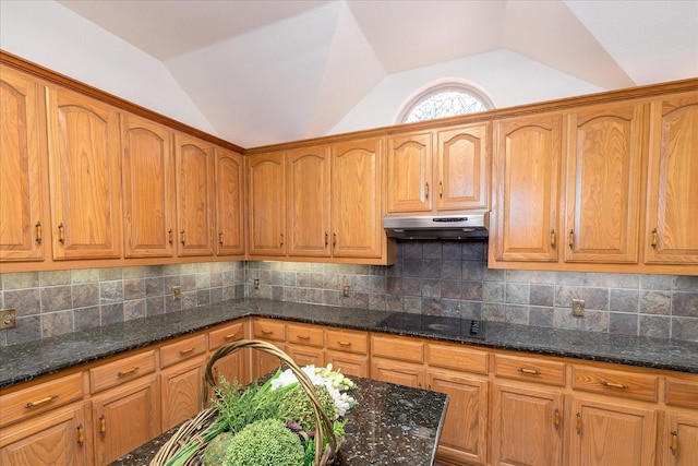 3108 Fernhurst Dr, Richardson, TX 75082 - kitchen featuring lofted ceiling, under cabinet range hood, backsplash, dark stone counters, and black electric stovetop