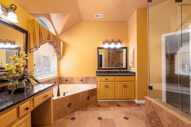 3108 Fernhurst Dr, Richardson, TX 75082 - full bathroom featuring a shower stall, tile patterned floors, a bath, vanity, and visible vents