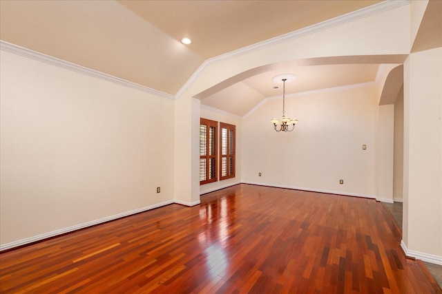 3108 Fernhurst Dr, Richardson, TX 75082 - unfurnished room with arched walkways, vaulted ceiling, baseboards, an inviting chandelier, and wood finished floors