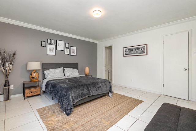 tiled bedroom featuring crown molding