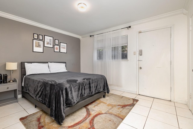 tiled bedroom with ornamental molding