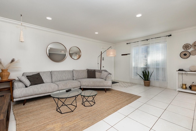 living room featuring crown molding and light tile patterned floors