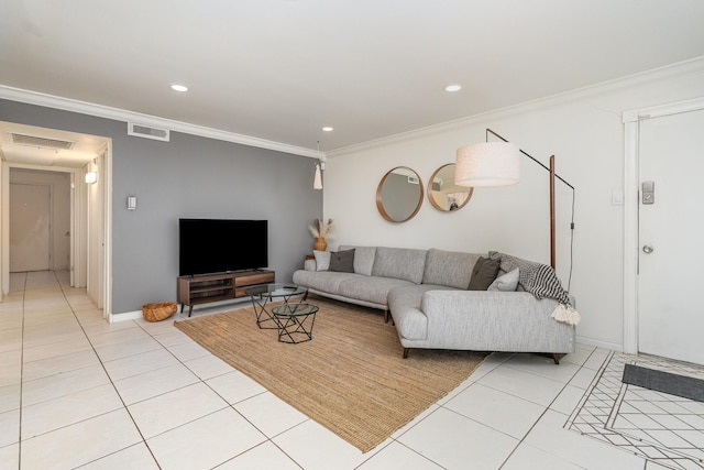 tiled living room featuring ornamental molding