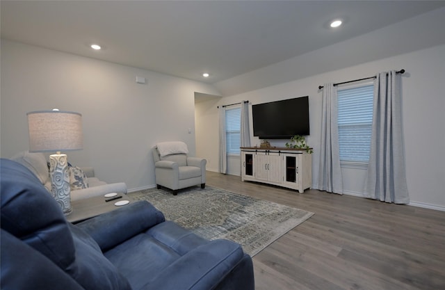 living room featuring hardwood / wood-style flooring and lofted ceiling