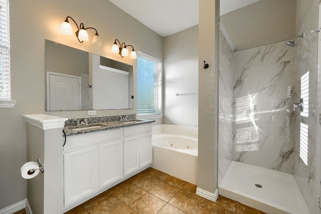 bathroom with plus walk in shower and vanity