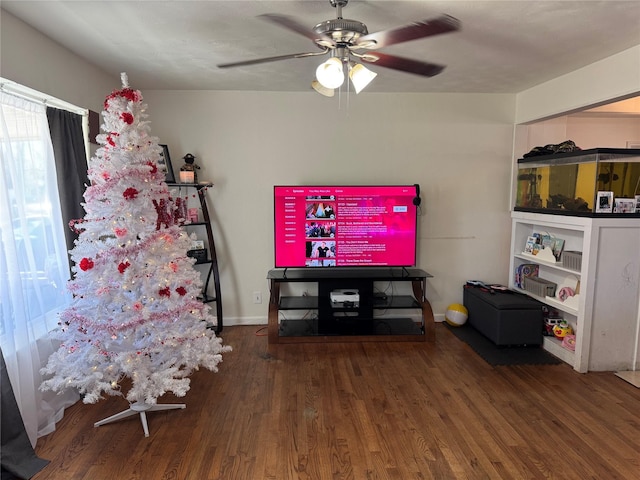 living room featuring ceiling fan and dark hardwood / wood-style flooring