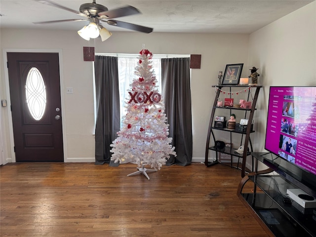 foyer entrance featuring ceiling fan and dark hardwood / wood-style flooring