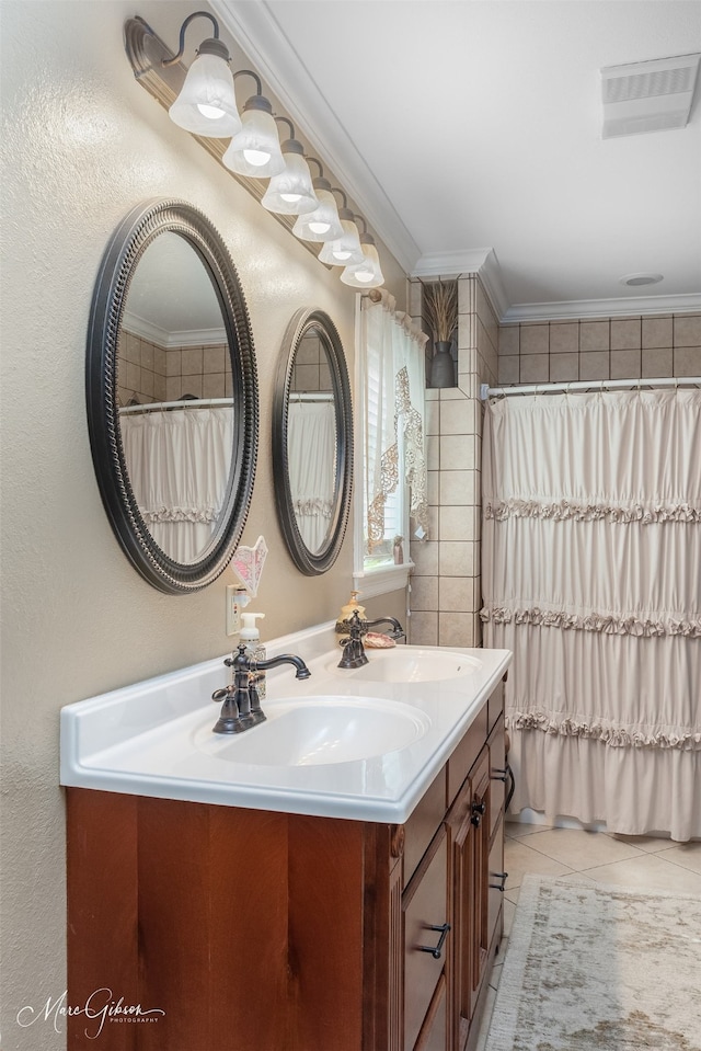 bathroom with vanity, tile patterned floors, ornamental molding, and a shower with shower curtain