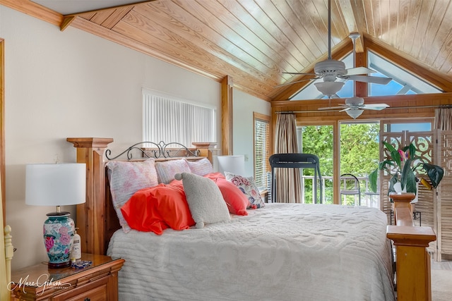 bedroom with vaulted ceiling, access to outside, ceiling fan, and wood ceiling