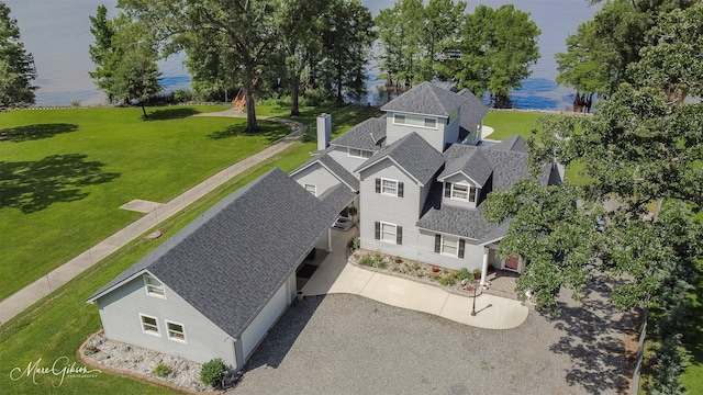 drone / aerial view featuring a water view