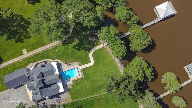 drone / aerial view featuring a water view