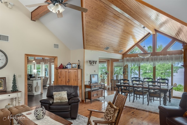 living room featuring beam ceiling, ceiling fan, plenty of natural light, and light wood-type flooring