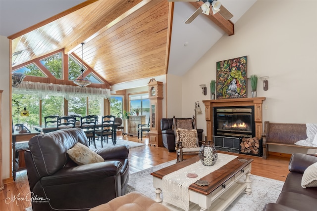 living room featuring ceiling fan, high vaulted ceiling, beamed ceiling, and light wood-type flooring