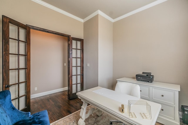 office with dark wood finished floors, crown molding, baseboards, and french doors