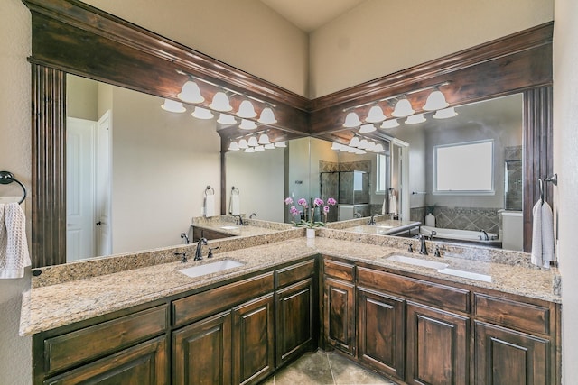 bathroom featuring vanity and plus walk in shower