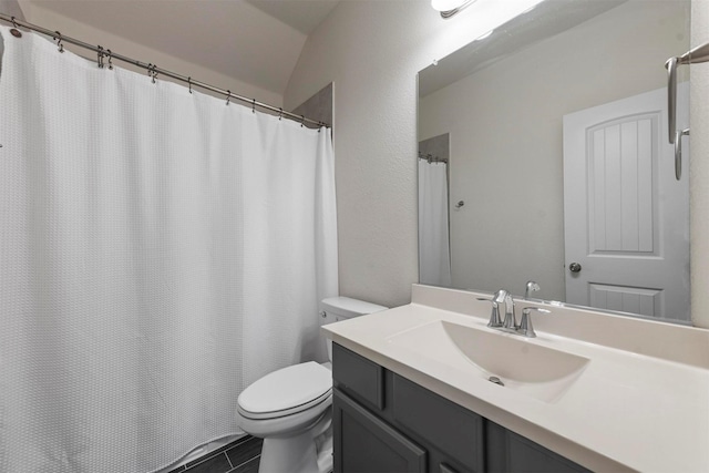 bathroom with vanity, lofted ceiling, and toilet