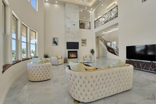 living room featuring a fireplace