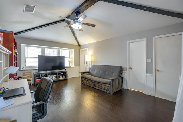 office with dark hardwood / wood-style flooring, lofted ceiling with beams, and ceiling fan