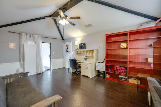 office area with vaulted ceiling with beams, dark wood-type flooring, and ceiling fan