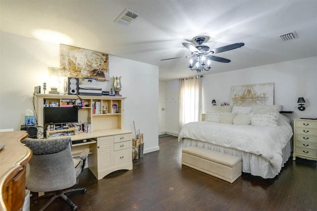 bedroom with dark wood-type flooring and ceiling fan