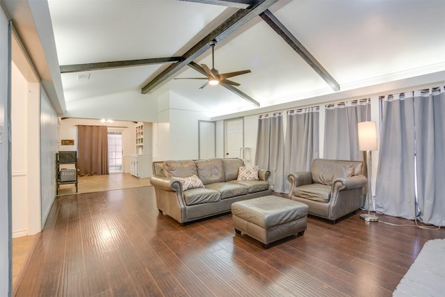 living room featuring dark hardwood / wood-style flooring, lofted ceiling with beams, and ceiling fan