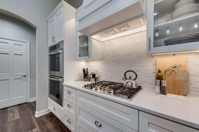 kitchen with dark wood-type flooring, appliances with stainless steel finishes, tasteful backsplash, white cabinets, and custom exhaust hood