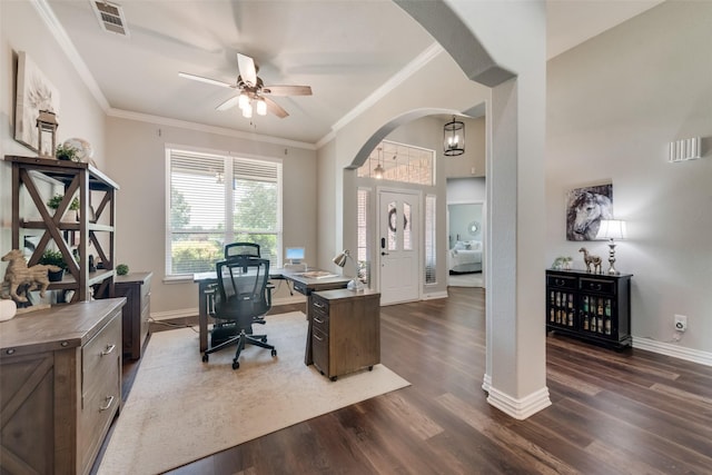 office space featuring dark hardwood / wood-style flooring and crown molding