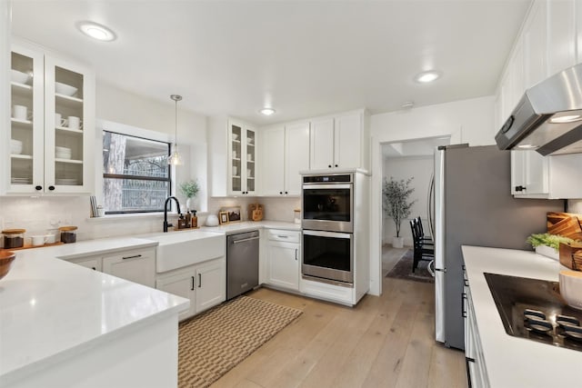 kitchen with wall chimney range hood, sink, hanging light fixtures, stainless steel appliances, and white cabinets