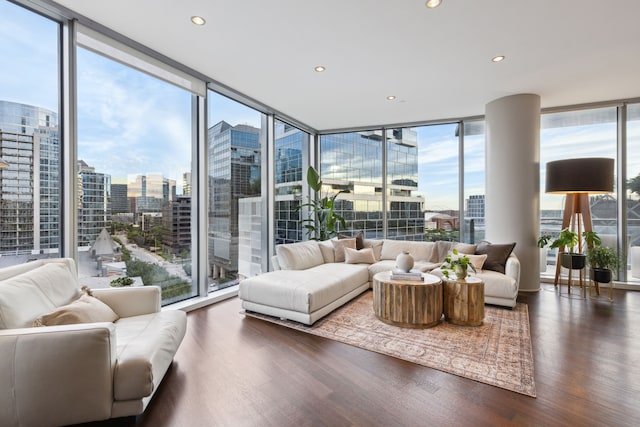 living room featuring floor to ceiling windows and dark hardwood / wood-style flooring