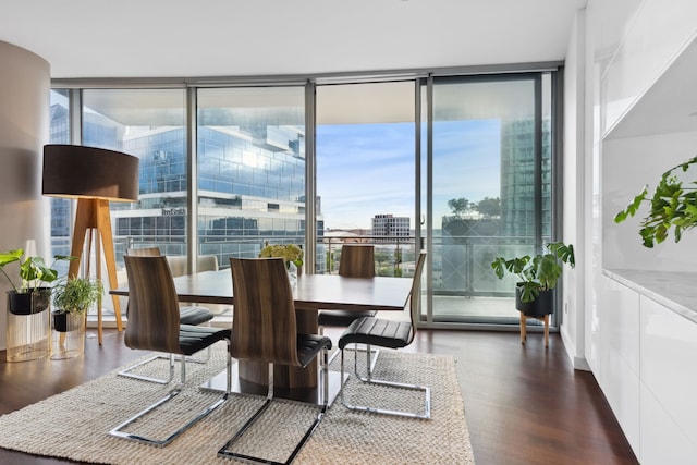 dining area with expansive windows, a healthy amount of sunlight, and dark wood-type flooring