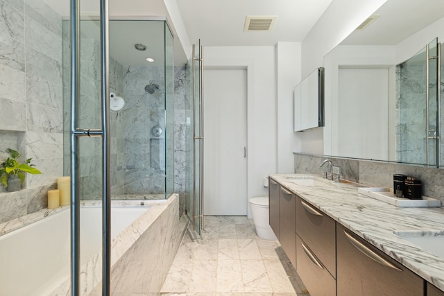 full bathroom with vanity, toilet, shower with separate bathtub, and backsplash