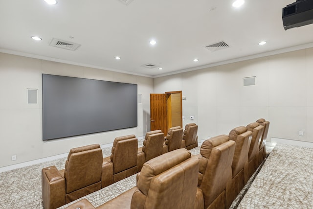 cinema room featuring crown molding and carpet flooring