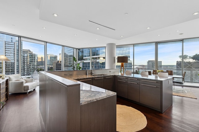 kitchen featuring sink, dark hardwood / wood-style flooring, floor to ceiling windows, light stone countertops, and dark brown cabinets