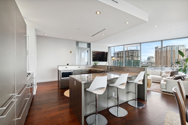 kitchen featuring light stone counters, dark hardwood / wood-style floors, sink, and a breakfast bar area