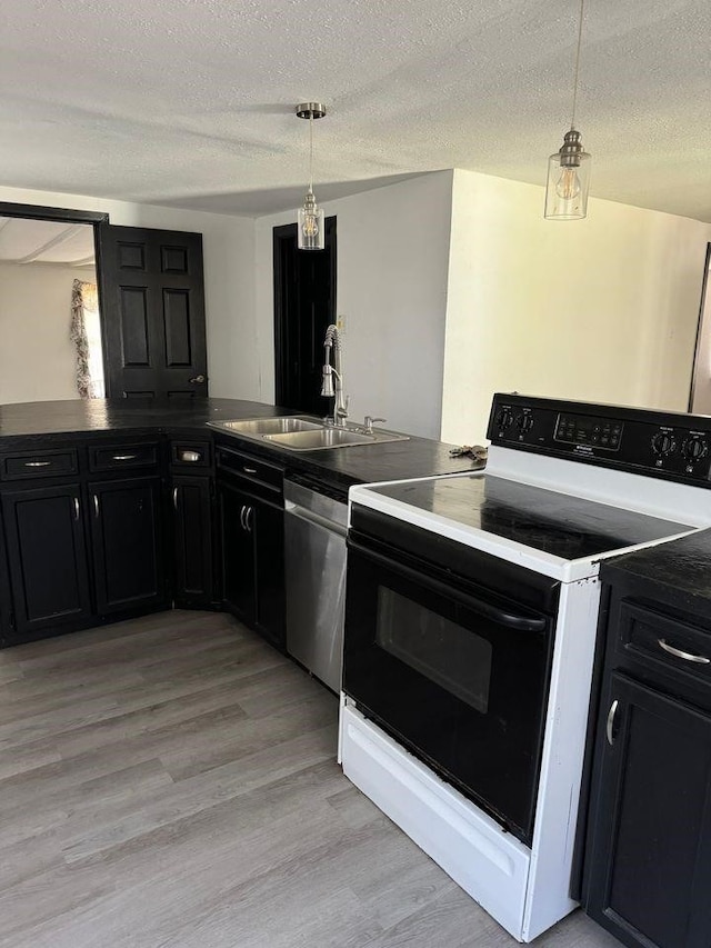 kitchen with sink, decorative light fixtures, electric range oven, light hardwood / wood-style flooring, and dishwasher