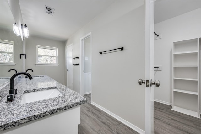 bathroom featuring visible vents, a sink, wood finished floors, baseboards, and a spacious closet