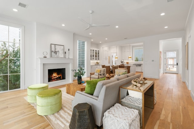 living room with ceiling fan and light hardwood / wood-style floors