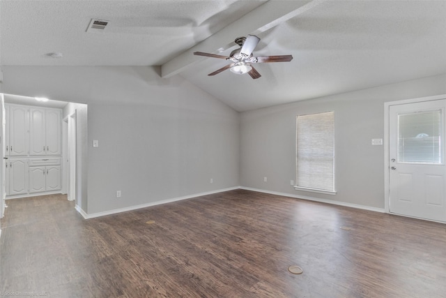 unfurnished living room with vaulted ceiling with beams, hardwood / wood-style flooring, a textured ceiling, and ceiling fan