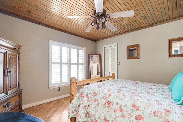 bedroom with light wood-type flooring, wooden ceiling, baseboards, and a ceiling fan