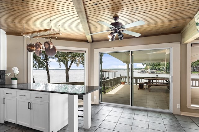 unfurnished sunroom featuring a water view, ceiling fan, and wood ceiling