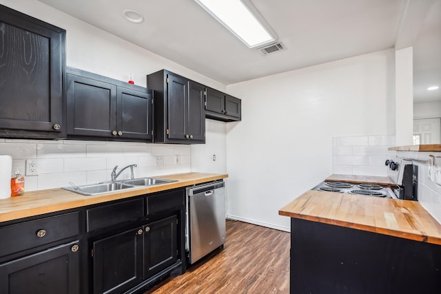 kitchen featuring sink, stainless steel dishwasher, wooden counters, and electric range