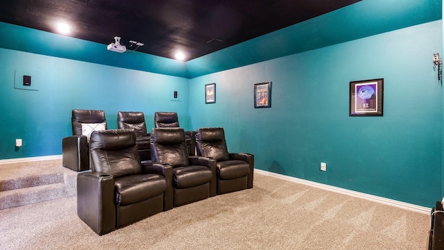 home theater featuring carpet flooring