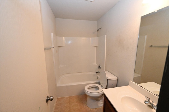 full bathroom featuring vanity, tile patterned floors,  shower combination, and toilet