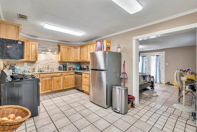 kitchen featuring sink, crown molding, light brown cabinets, light tile patterned floors, and appliances with stainless steel finishes