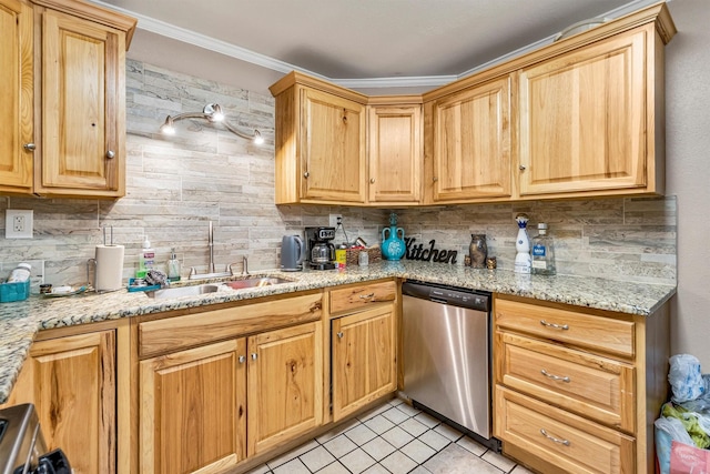 kitchen featuring decorative backsplash, dishwasher, sink, and light stone countertops