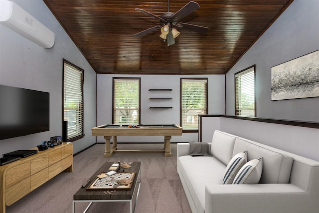 carpeted living room featuring lofted ceiling, wood ceiling, pool table, and an AC wall unit