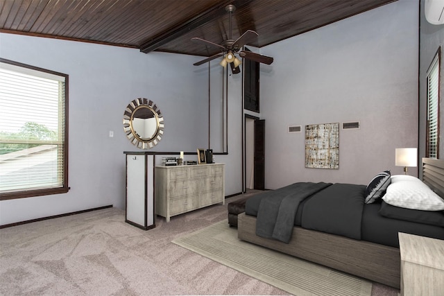 bedroom featuring light carpet, wood ceiling, and ceiling fan